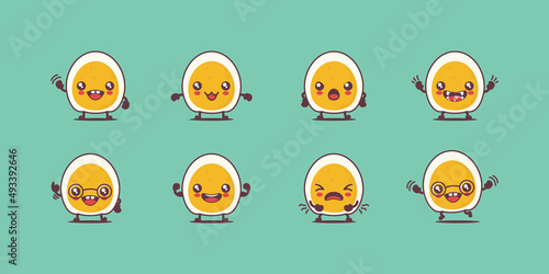 Boiled eggs cartoon. vector illustration of fast food, breakfast, healthy food. with different faces and expressions