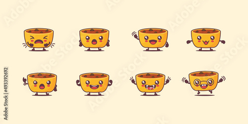 Curry cartoon. vector illustration, soup dish, asian cuisine. with different faces and expressions