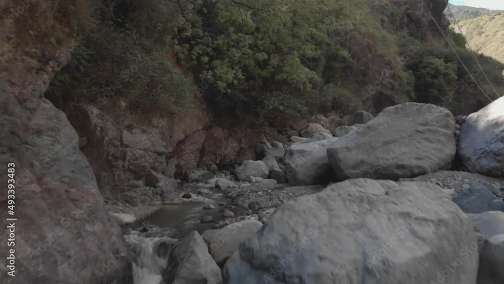 mountain water river creek flowing winding through rock boulders wilderness downstream close proximity aerial fast approach mountain water river creek flowing winding through rock boulders wilderness downstream close proximity aerial fast approach