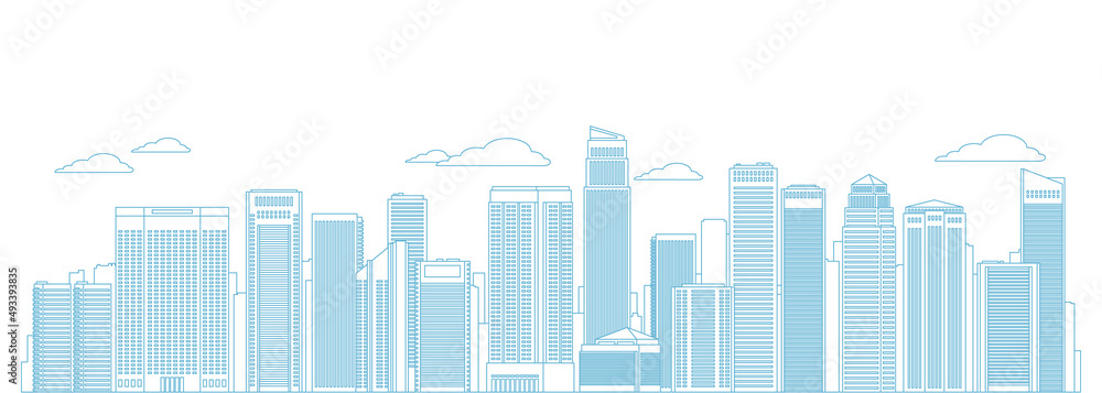 Urban panorama cityscape line art. Vector illustration of city landscape with modern downtown skyscrapers and buildings.