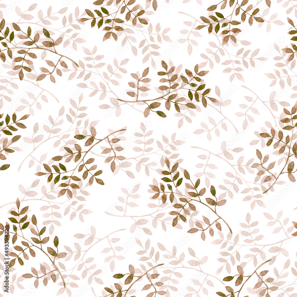 Seamless pattern of branches with translucent and brown leaves chaotically arranged on a white background. Painted in watercolor. Seamless pattern of branches with translucent and brown leaves chaotically arranged on a white background. Painted in watercolor.