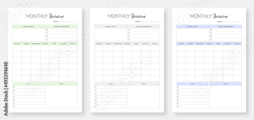 Monthly planner pages design collection set, Minimalist planner pages templates, 3 Set of minimalist daily planners, Monthly planner bundle set.