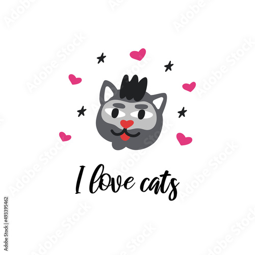 I love cats, a postcard with a cat in a mask with hearts