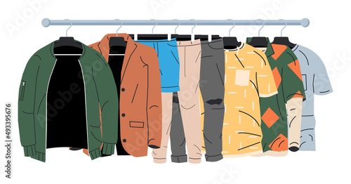 Mens and Womans Clothes on Hanger. Home or Shop Wardrobe. Clothes and Accessories. Various Hanging Clothing. Jacket, Shirt, Jeans, Pants. Cartoon Flat Vector Illustration