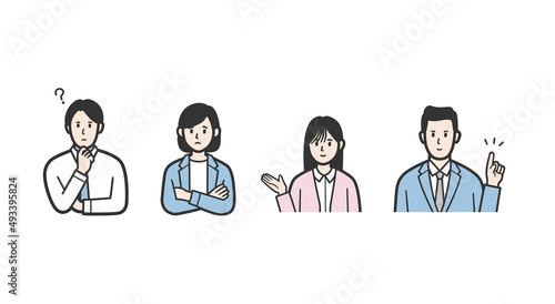 疑問、ひらめき、紹介、考えるビジネスパーソンセット カラー