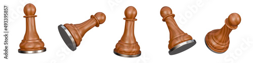 Set of 3d chess pieces isolated on a white background. 5 different angle playing chess for web. 3d rendering.