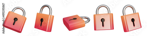 Set of 3d lock icon isolated on a white background. 5 different angle realistic padlock icons. 3d rendering. photo