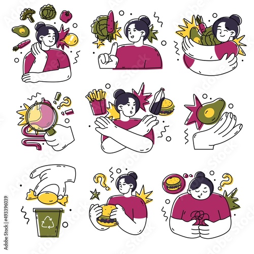 Fast-food or healthy food icons. Choosing the Right Nutrition. Vegetables vs burger and sugar water. Refusal of sweet and junk food. Flat style in vector illustration. Isolated element