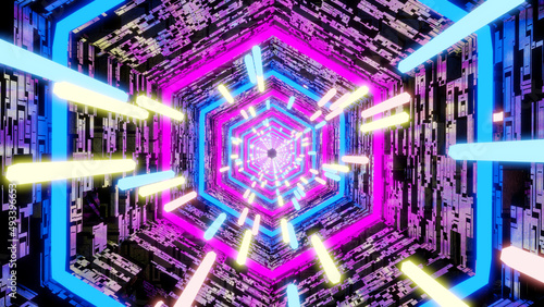 3D Big Data Digital background square with futuristic matrix. 3D graphic flying through digital technologic tunnel. Wormhole through time and space. Technological and connection background. 