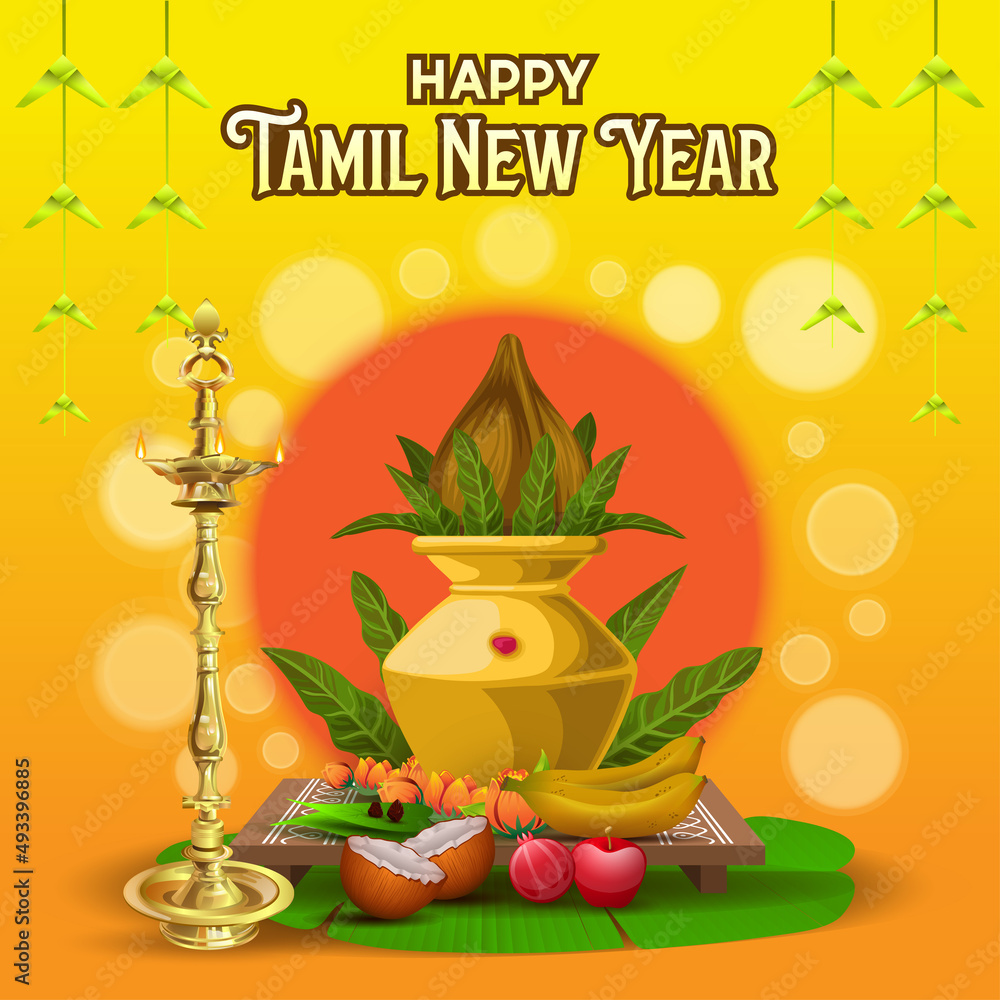 Happy Tamil New Year Greetings with traditional ritual elements Stock