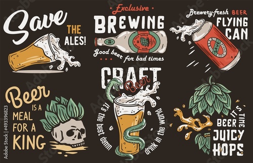 Beer set of bottle, metal can and beer mug with snake, skull and hop for brewery or alcohol craft bar