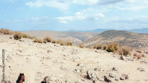 Aerial passage over wild horses running through the wasteland. 4K. photo