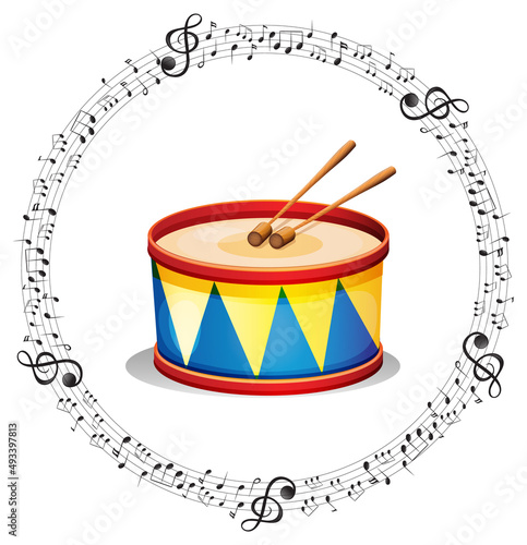 A drum with musical notes on white background