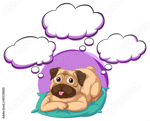 A dog thinking with many callouts