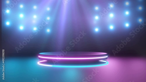 Black podium with glowing neon ring for product display presentation	