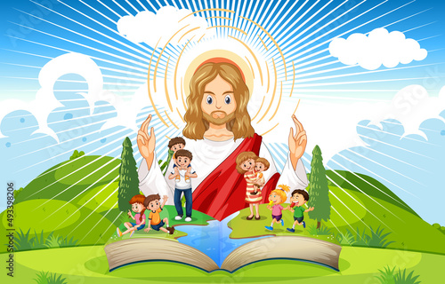 Opened book with Jesus Christ and people