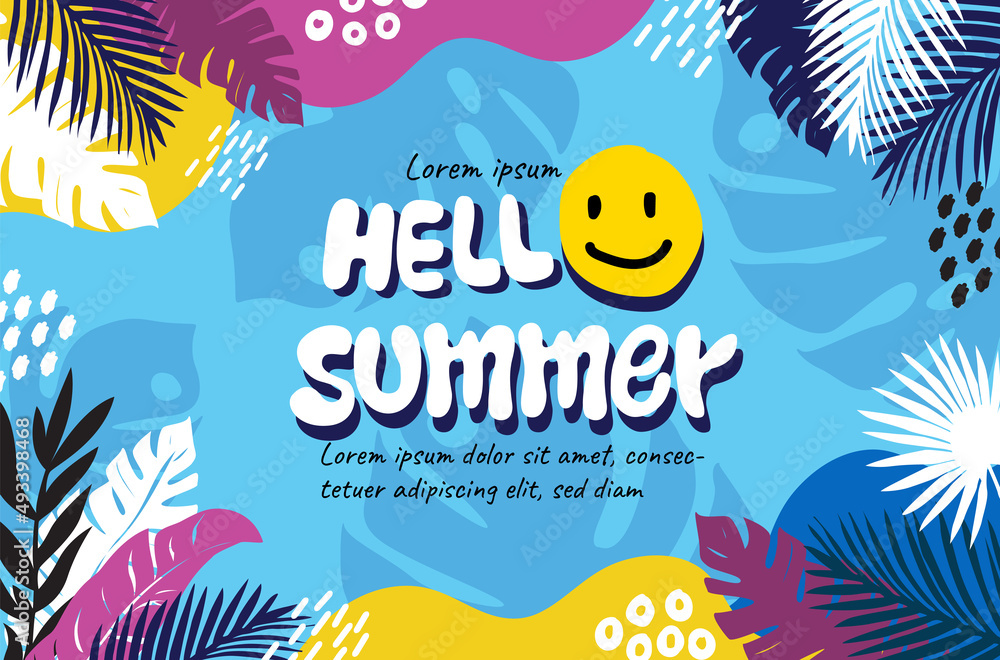 blue background summer leafs tropical smile banner text