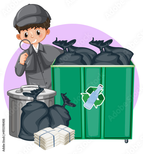 Detective looking for clues with magnifying glass on white background