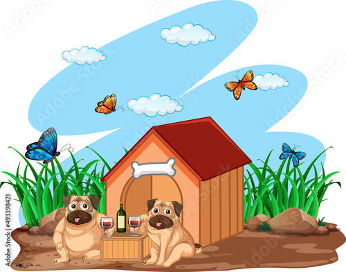 Two dogs drinking wine by the doghouse