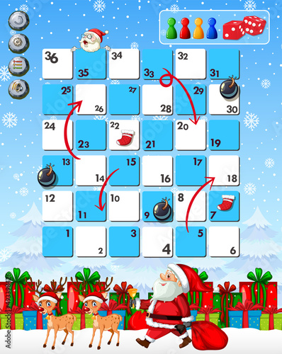 Snake and ladders game template in Christmas theme