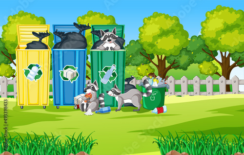 Three raccoons eating food from trash