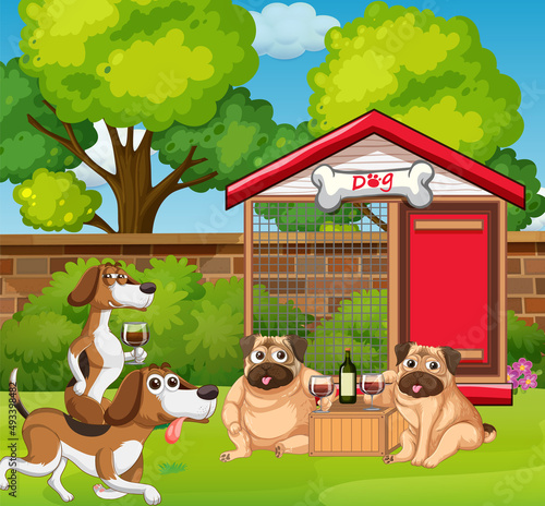 Many dogs playing in the park