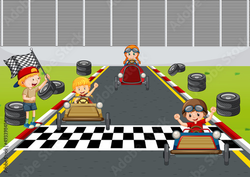 Soapbox derby scene with children racing car