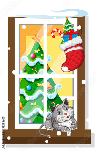 View through the window of Christmas tree
