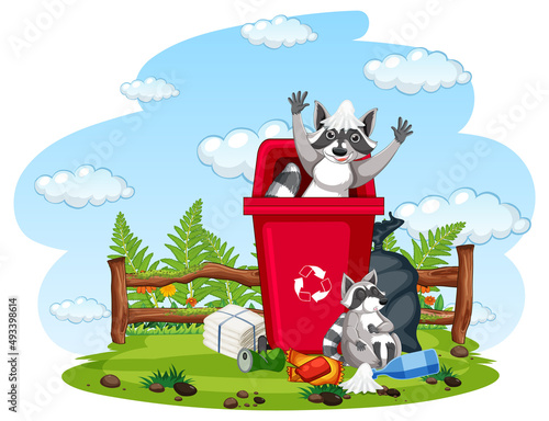Scene with raccoon eating food from trash