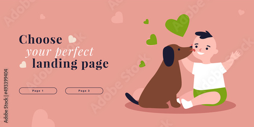 Dog licking little kids face with tongue. Boy toddler playing with best friend puppy together flat vector illustration. Love, care for animal concept for banner, website design or landing web page