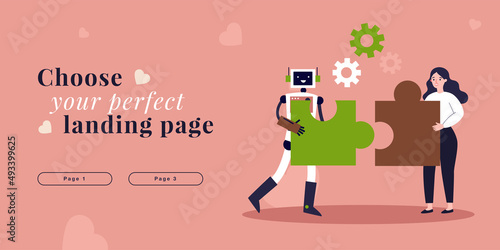 Cooperation and partnership between robot and human. Woman and machine connecting puzzle together flat vector illustration. AI, automation concept for banner, website design or landing web page