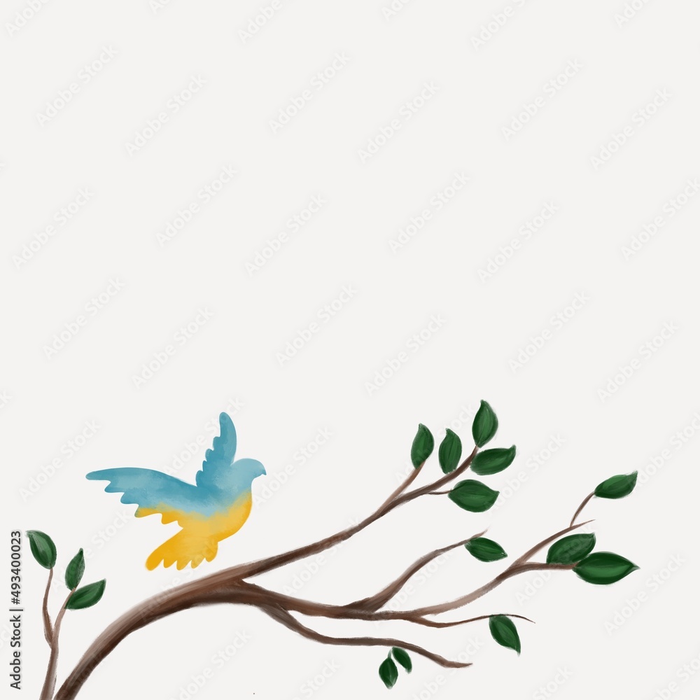 

Ukrainian dove of peace on a tree branch, not war , peace , love Ukraine, blue bird on branch