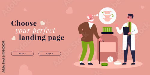 Doctor prescribing osteoporosis medicines for elderly patient. Senior man suffering from back pain flat vector illustration. Osteoporosis concept for banner, website design or landing web page
