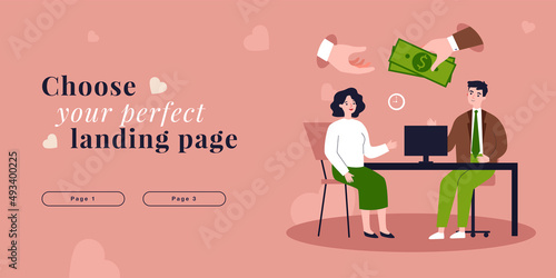 Hand giving money bribe to businessman in corrupt company. Man and woman sitting at office table flat vector illustration. Bribery, corruption concept for banner, website design or landing web page