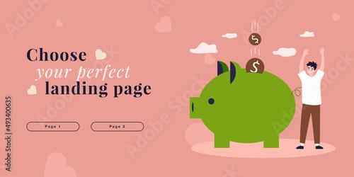 Happy man with falling money coins into piggy bank. Rich person with moneybox flat vector illustration. Financial investment, retirement, budget concept for banner, website design or landing web page