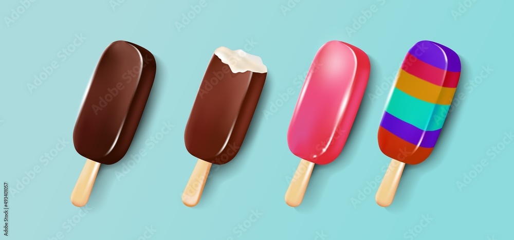 Photo realistic illustration of variety of popsicles and ice cones on blue background. Photo realistic illustration of variety of popsicles and ice cones on blue background.