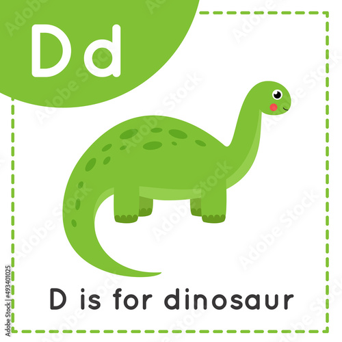 Learning English alphabet for kids. Letter D. Cute cartoon dinosaur.
