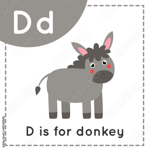 Learning English alphabet for kids. Letter D. Cute cartoon donkey.