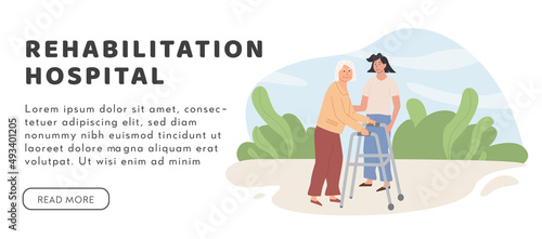 A caregiver and old age woman with orthopedic walker outdoors. Assisted living concept. Volunteer helping elderly lady. Horizontal web banner social worker walking with senior person in nature. Vector