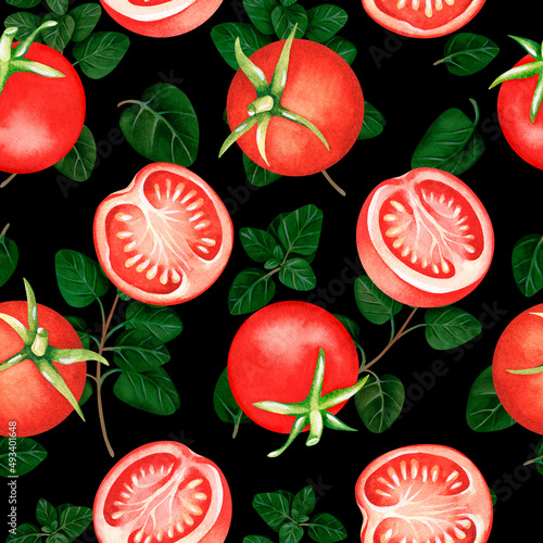 Fototapeta Naklejka Na Ścianę i Meble -  Seamless pattern. Tomatoes and oregano. Watercolor illustration. Isolated on a black background.