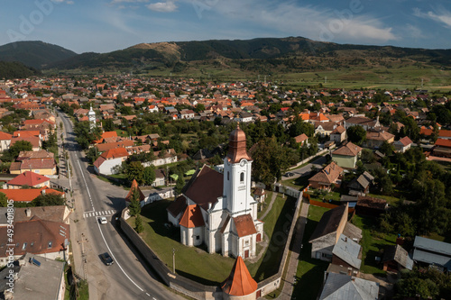 Gheorgheni in Romania aerial view. The Armenian Catholic Church in Gheorgheni. 