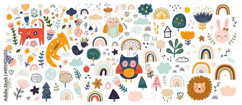 Fototapeta Naklejka Na Ścianę i Meble -  Abstract doodles. Baby animals pattern. Fabric pattern. Vector illustration with cute animals. Nursery baby pattern illustration