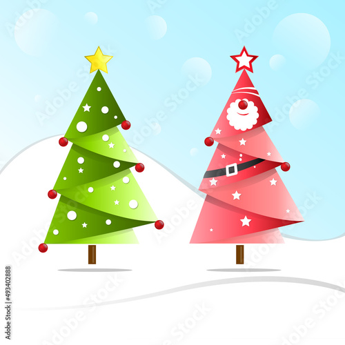 Merry Christmas, Red And Green Flat Vector Tree Illustration Design With Light blue Sky Background For Infographics Element, Posters, Greeting Cards