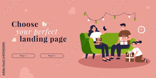 Family unpacking Christmas gifts by fireside. Parents and children holding their presents flat vector illustration. Winter holidays celebrating concept for banner, website design or landing web page