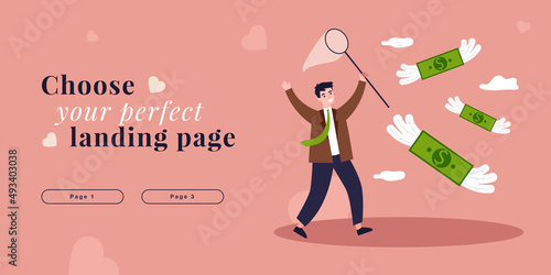 Entrepreneur chasing money with butterfly net. Man running after cash money flying away flat vector illustration. Entrepreneurship, profit concept for banner, website design or landing web page