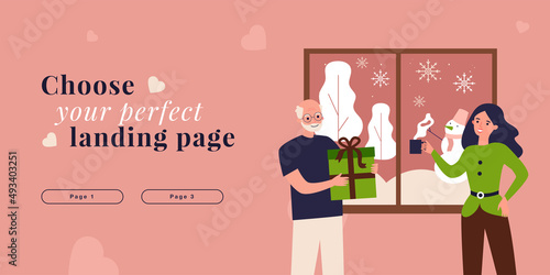Father giving Christmas present box to adult daughter. People standing by window with winter landscape flat vector illustration. Family gift time concept for banner, website design or landing web page