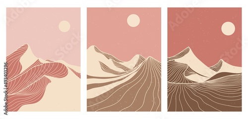 Mountain desert line art print. wallpaper design for cover background. Abstract contemporary aesthetic backgrounds landscapes. vector illustrations