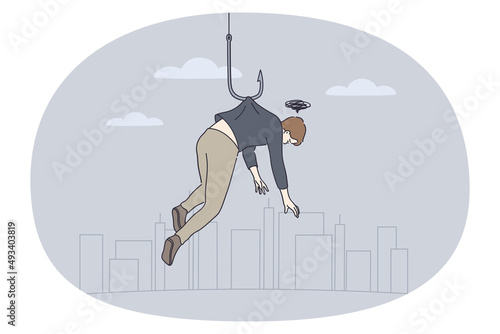 Unhappy man hang on huge hook suffer from life mental or psychological problems. Stressed male suffer from depression or psychiatry disorder. Healthcare and help. Vector illustration. 
