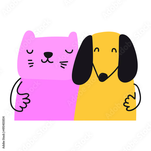 Cat and dog best friends. Vector hand drawn illustration on white background.