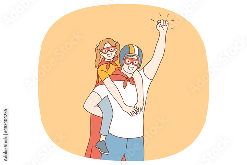 Excited small girl child piggyback smiling loving father wearing superhero costumes together. Happy caring dad play with teen little daughter in funny childish game. Fatherhood. Vector illustration. 